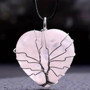 Rose Quartz Heart Shaped Natural Gemstone Tree Of Life Wire Wrap Pendant